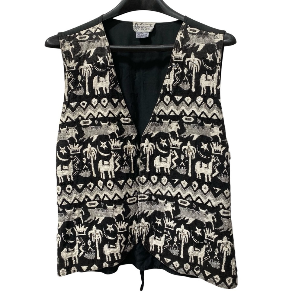 Vintage Raiment Fashions Black White Ethnic Tapestry Vest sz M